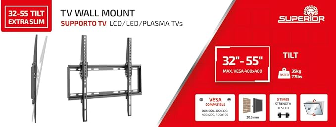 Supporto TV da Parete Fisso Inclinabile (Tilt Extra Slim) per TV da 32" a 55" - Carico Max 35 kg