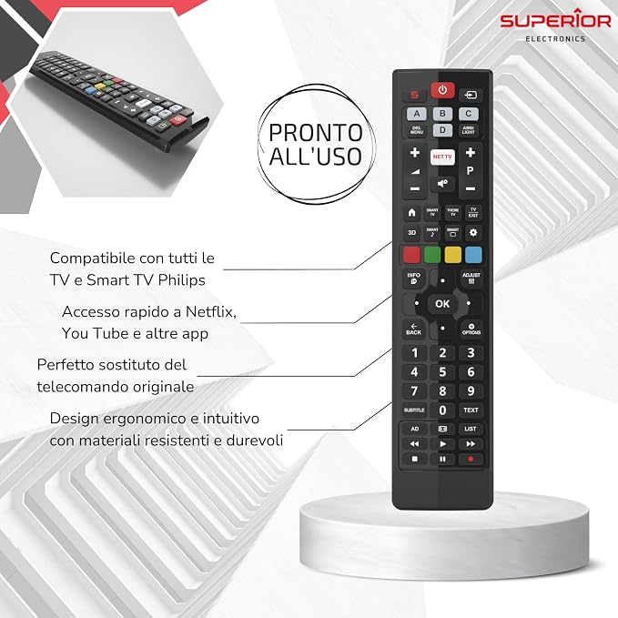 Telecomando Universale per Tutti i Televisori Philips - Pronto all’Uso Senza Programmazione - Compatibile con Smart TV Philips - Nero -