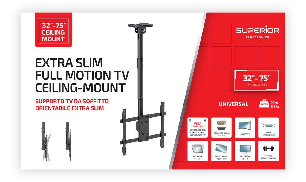 Supporto TV 32-75 da Soffitto Orientabile Extra Slim
